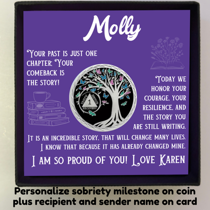 Sobriety coin gift set: purple message card with tree design coin in black keepsake box