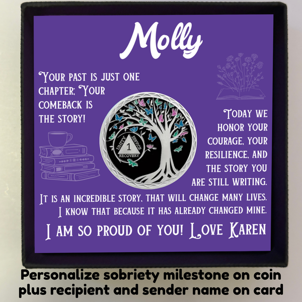 Sobriety coin gift set: purple message card with tree design coin in black keepsake box