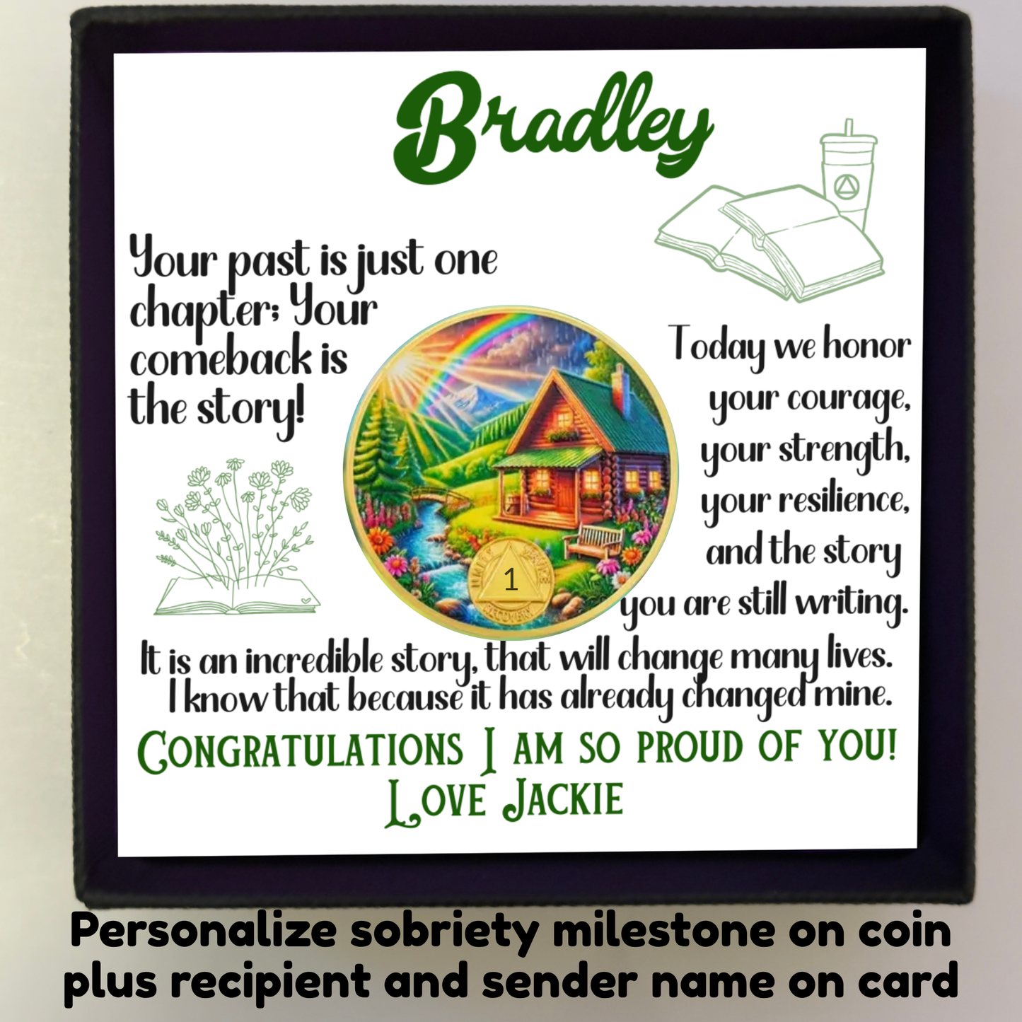 Bradley gift box set with card and circular sobriety coin featuring scenic house artwork
