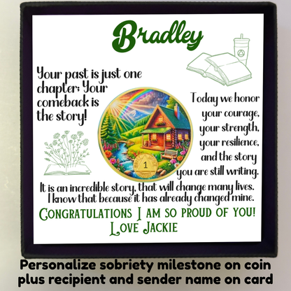 Bradley gift box set with card and circular sobriety coin featuring scenic house artwork