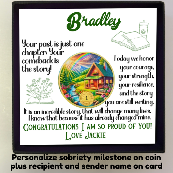 Bradley gift box set with card and circular sobriety coin featuring scenic house artwork