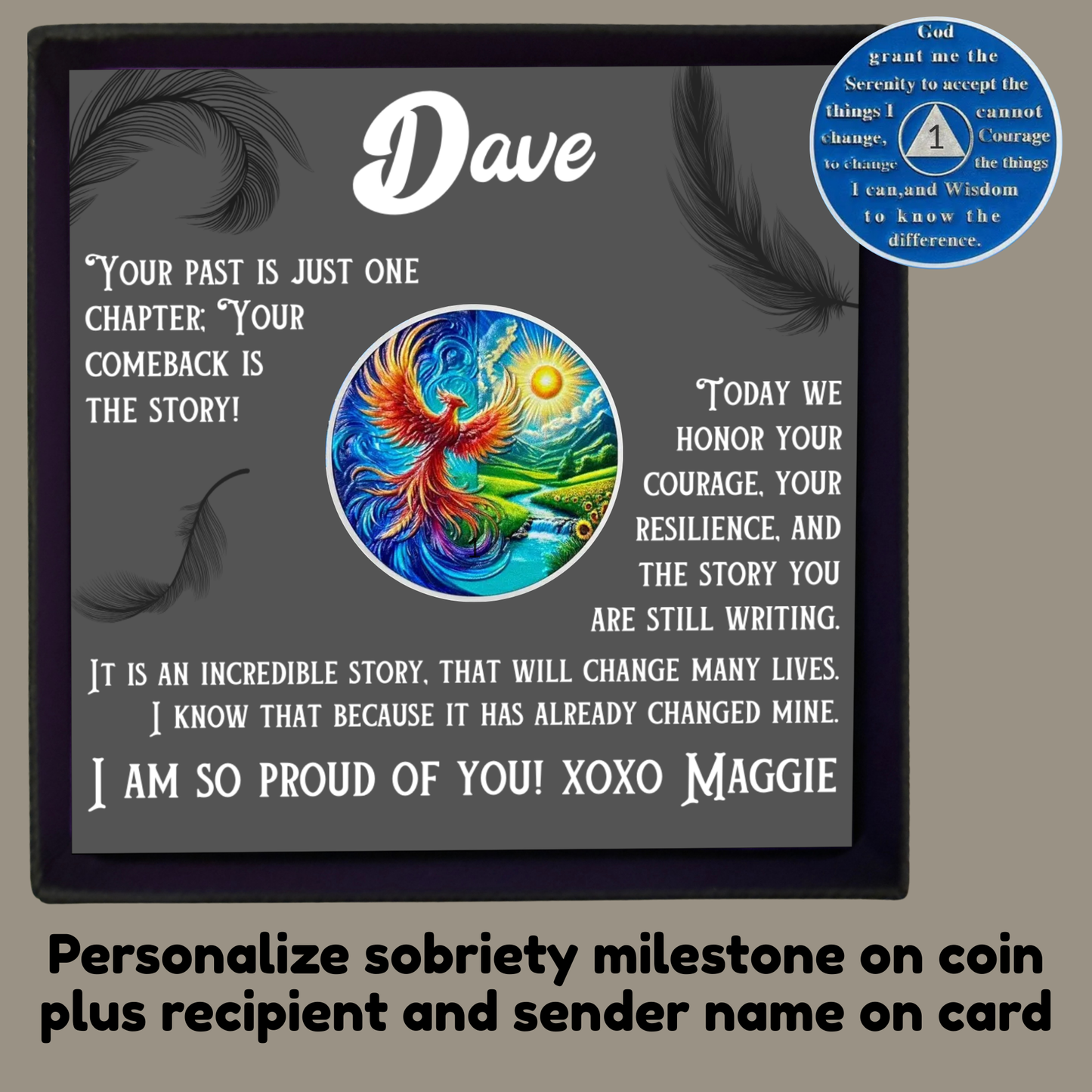 Personalized sobriety card in gift box with phoenix artwork and name Dave