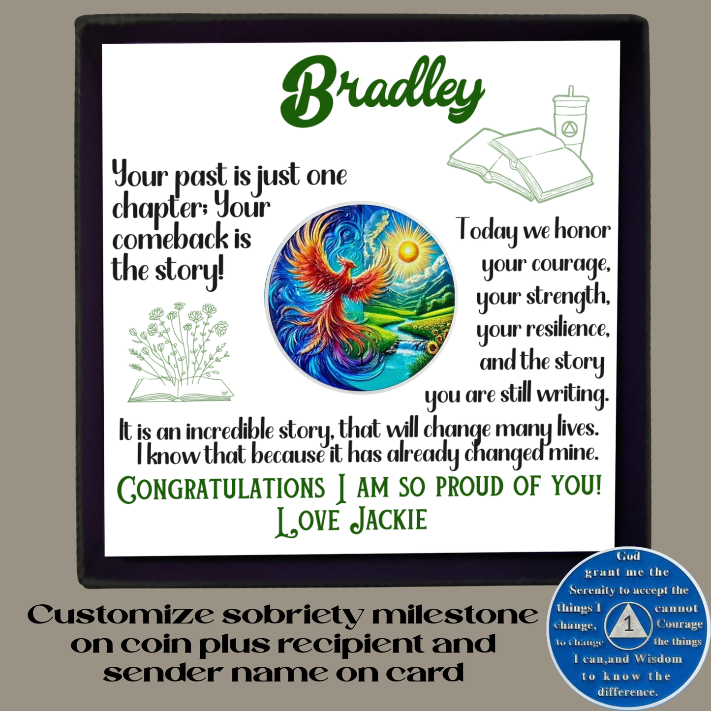 Custom sobriety milestone coin and framed gift card in black box