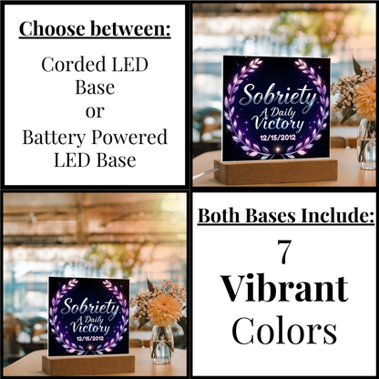 Promo showing corded or battery powered square LED plaque on wood base with vibrant colors.