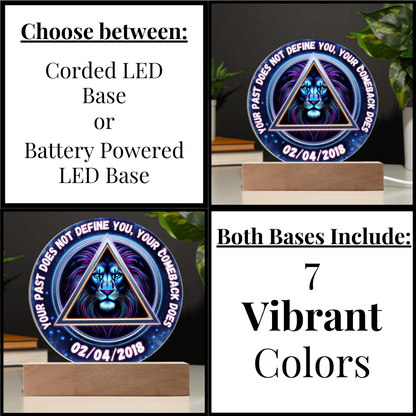 LED circle plaque option cards: corded LED base or battery powered LED base; both bases include 7 colors