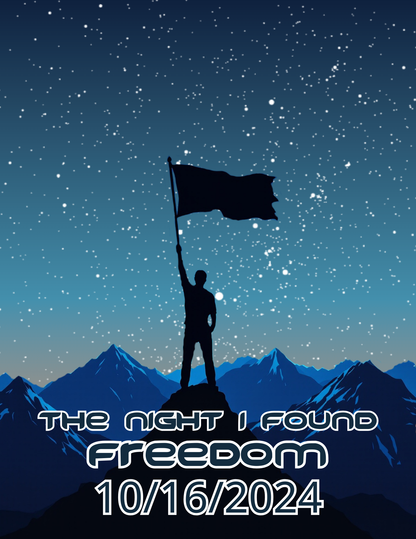 Star map poster with silhouetted flag bearer, blue sky stars, FREEDOM 10/16/2024