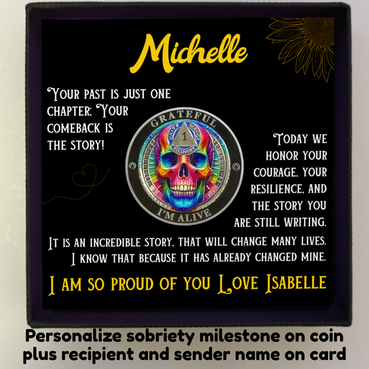 Rainbow Skull Sobriety Coin in Gift Box