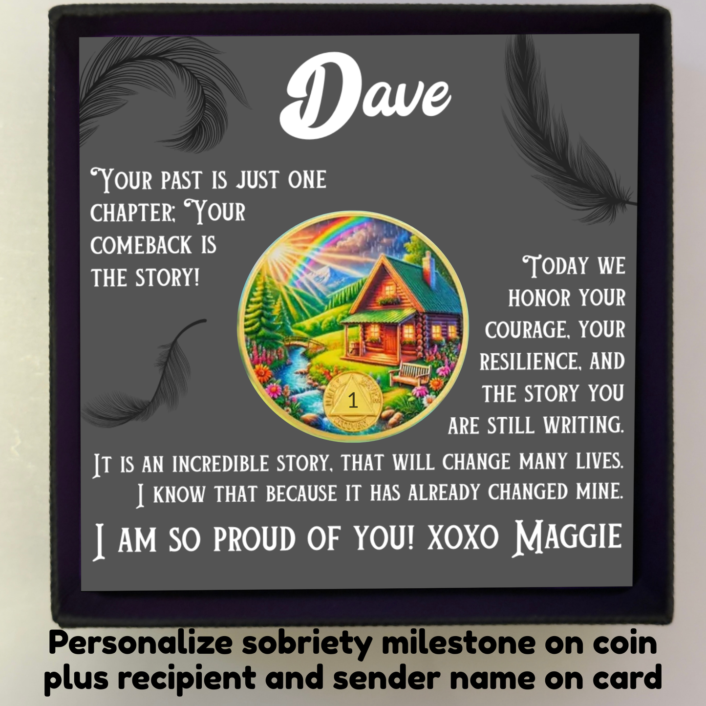 Sobriety coin and custom card set with circular landscape coin and name Dave on gray card