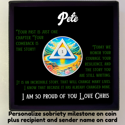 Personalized sobriety gift box with circular recovery coin and message card