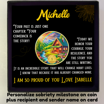 Personalized sobriety coin gift card in dark box with Michelle name and coin graphic
