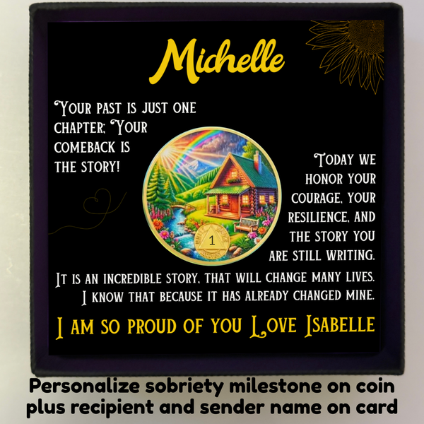 Personalized sobriety coin gift card in dark box with Michelle name and coin graphic