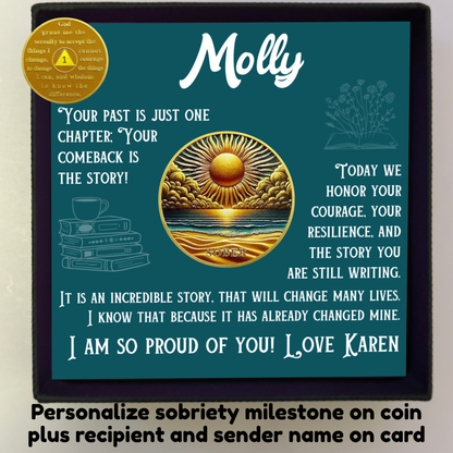 Teal inspirational sobriety card with round sun-and-ocean artwork and 'Molly' name.