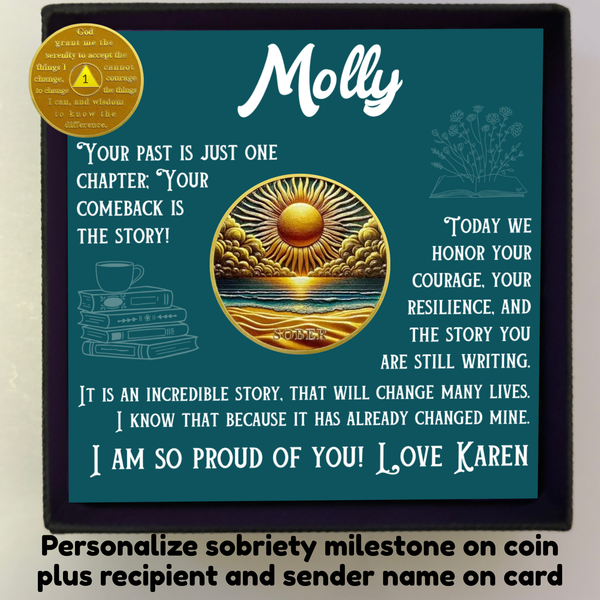 Teal inspirational sobriety card with round sun-and-ocean artwork and 'Molly' name.