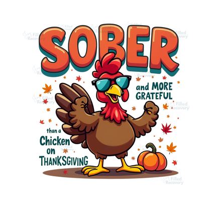 SOBER turkey illustration with glasses and autumn leaves graphic