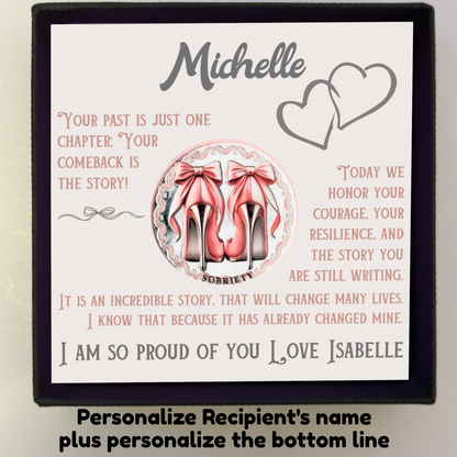 Sobriety coin keepsake card with pink ribbon high-heel shoes and heart artwork