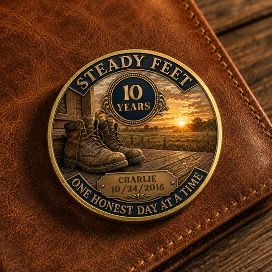 Close-up recovery anniversary coin with 10 years emblem and “Charlie” date details