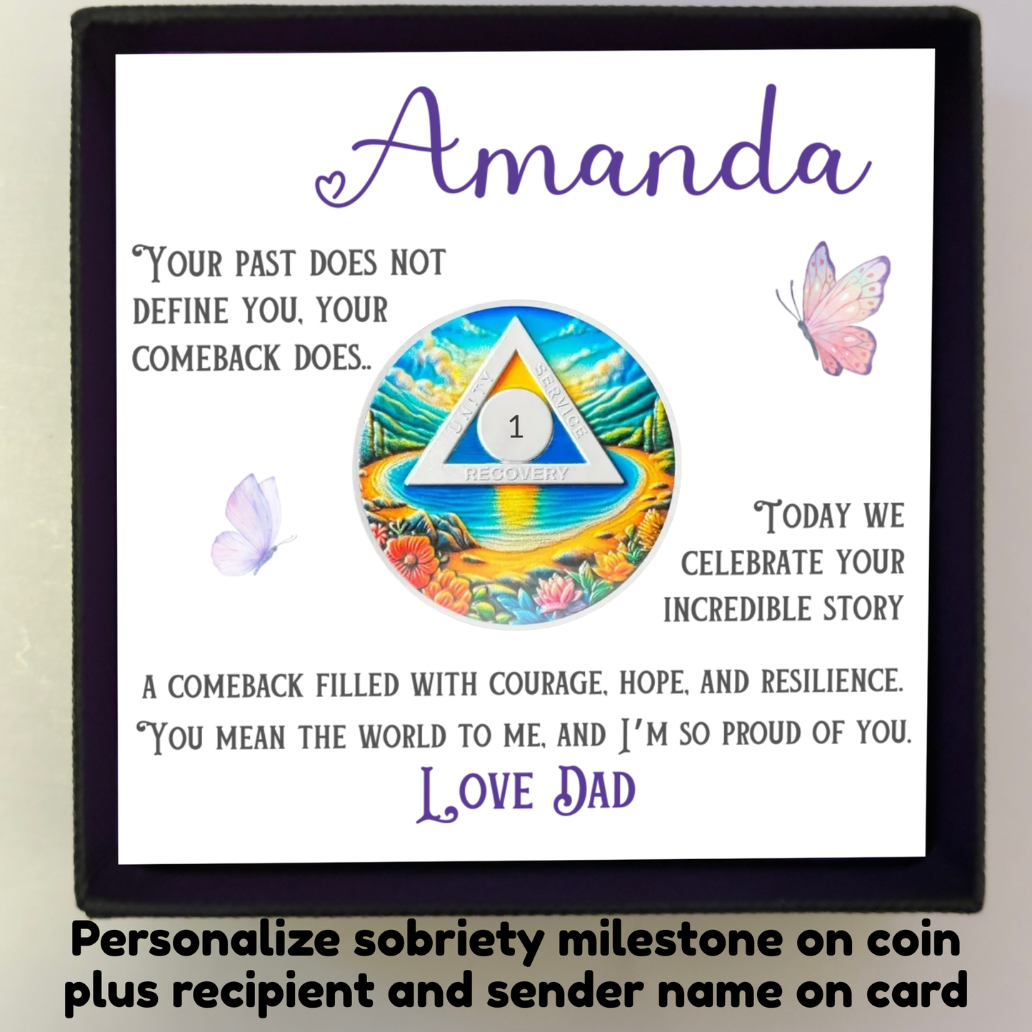 Personalized Beach Sobriety Coin in Gift Box