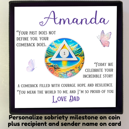 Sobriety coin gift box with personalized card and beach recovery triangle, butterflies