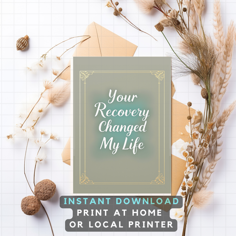 Your Recovery Changed My Life sponsor card with gold border and teal center, instant download text