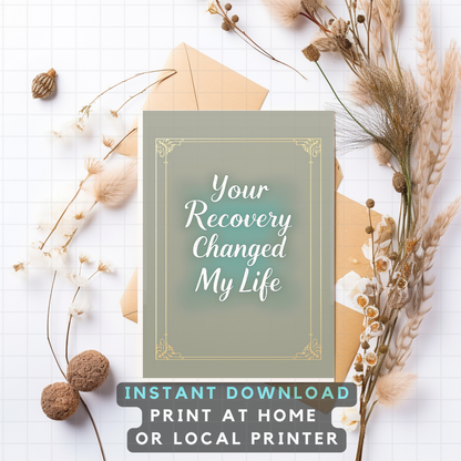 Your Recovery Changed My Life sponsor card with gold border and teal center, instant download text