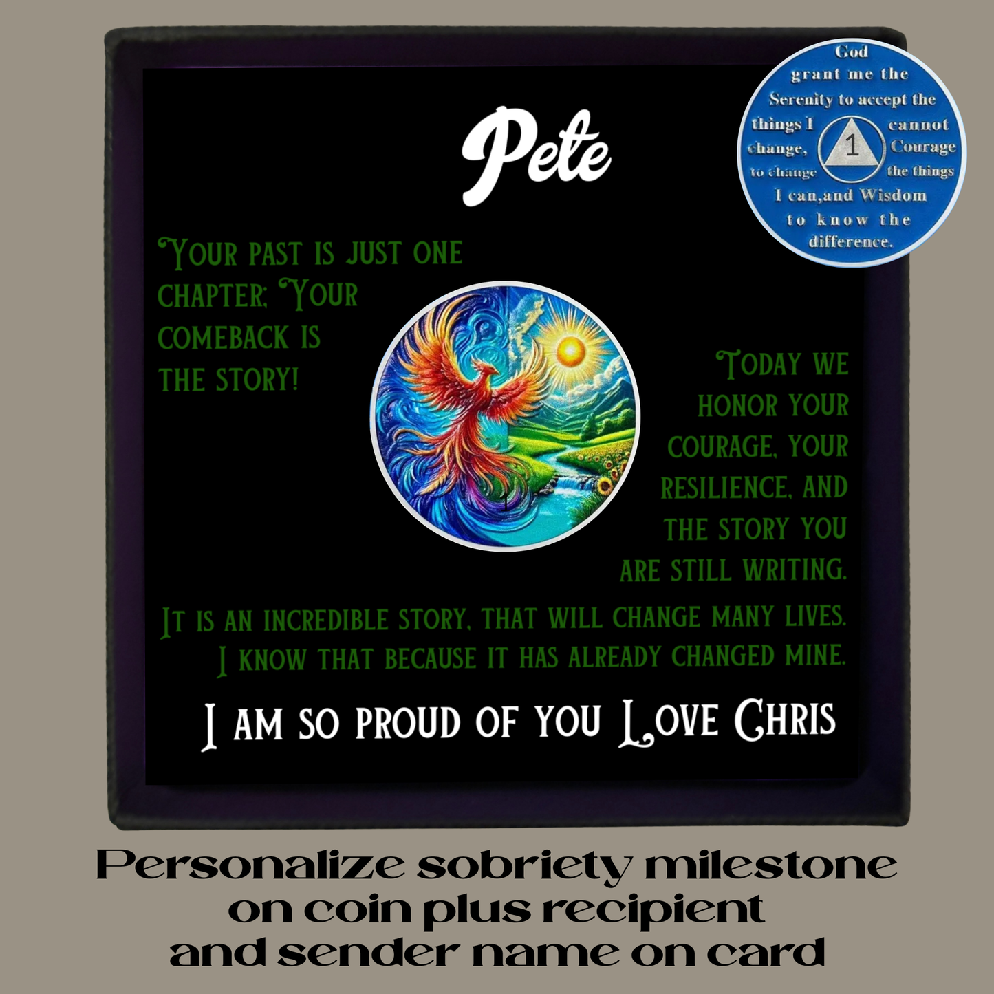 Personalized sobriety gift box with black card, phoenix artwork circle coin, and name Pete