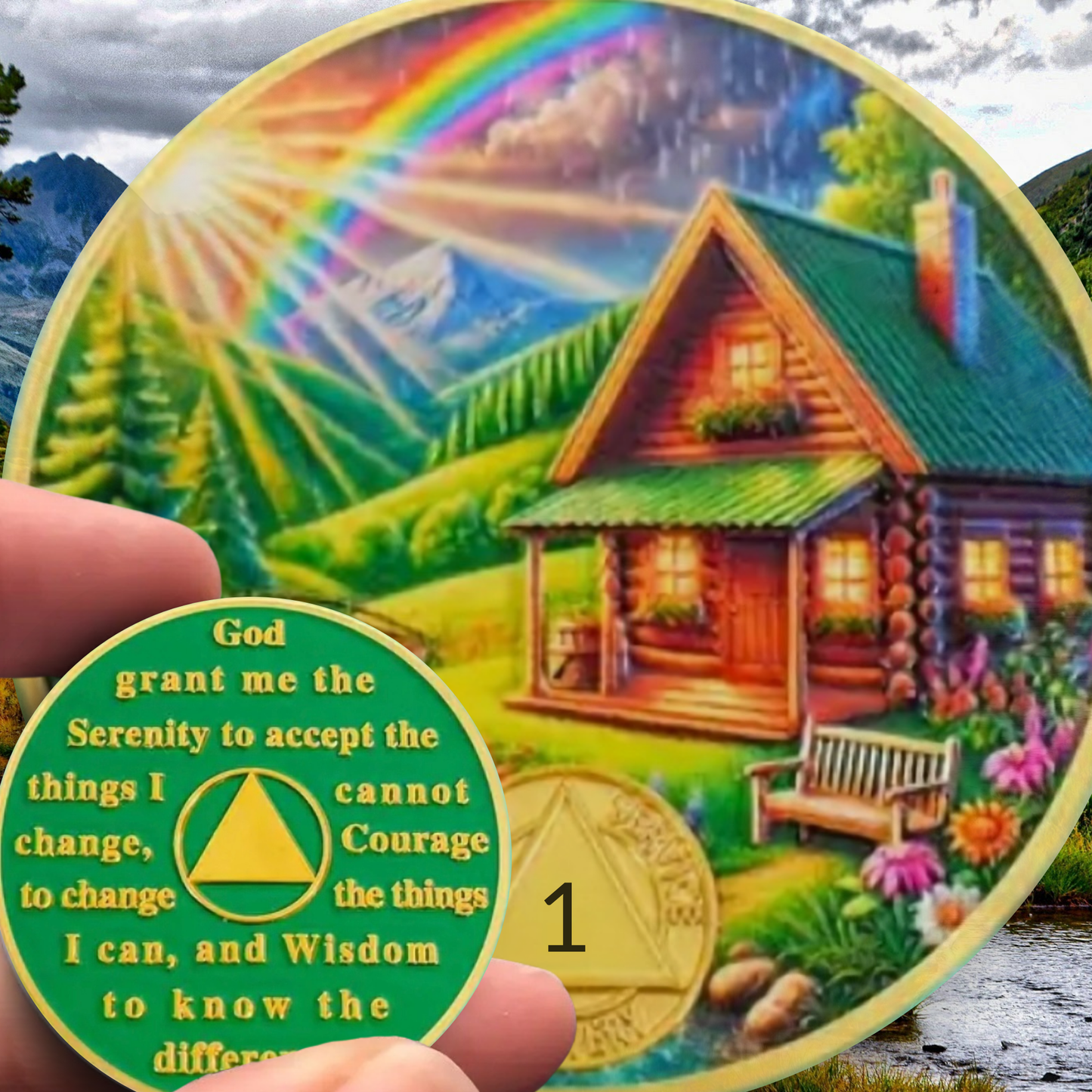 Sobriety Coin with Rainbow Cabin Scene
