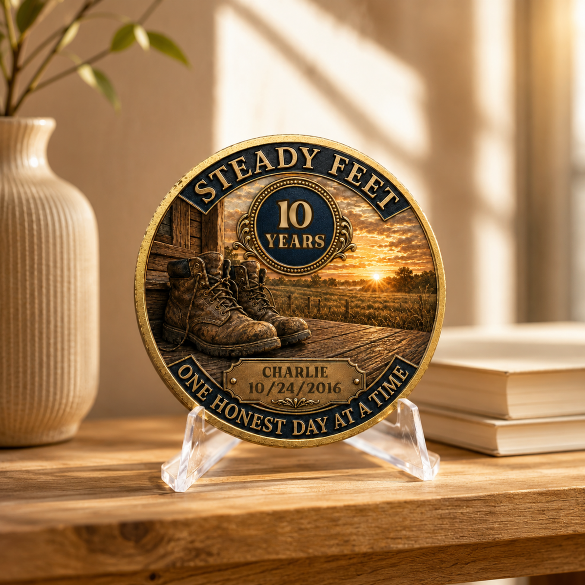 Single recovery anniversary coin on clear stand with “Steady Feet 10 Years” design