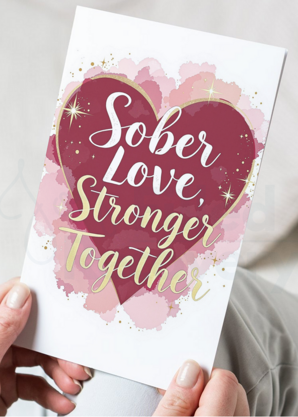 Recovery card close-up, watercolor heart with 'Sober Love, Stronger Together'