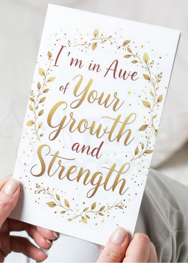 Encouragement card with floral wreath and gold text: Growth and Strength