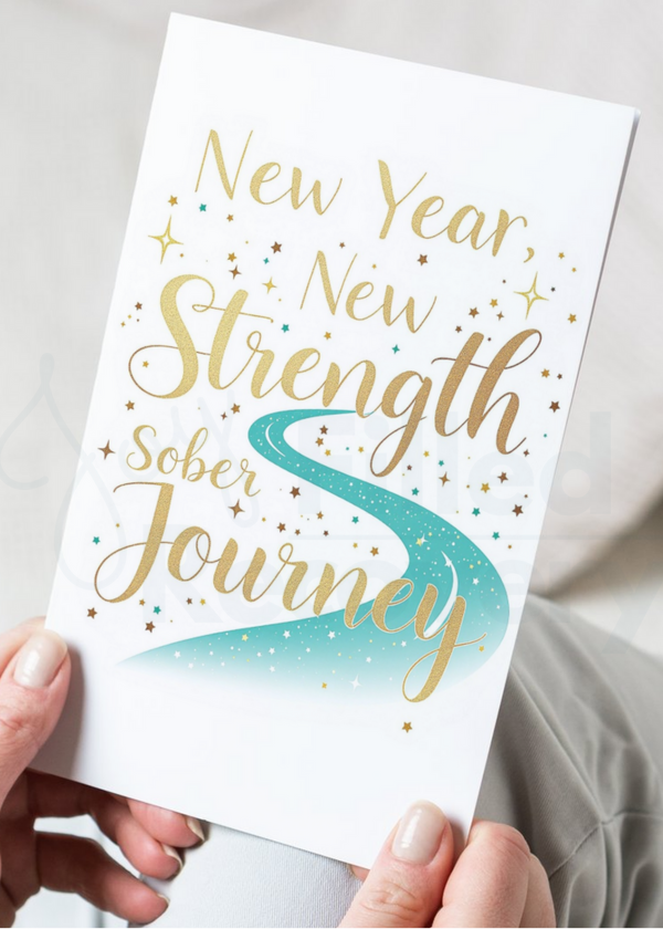 Digital recovery card angled with gold “New Year, New Strength, Sober Journey”