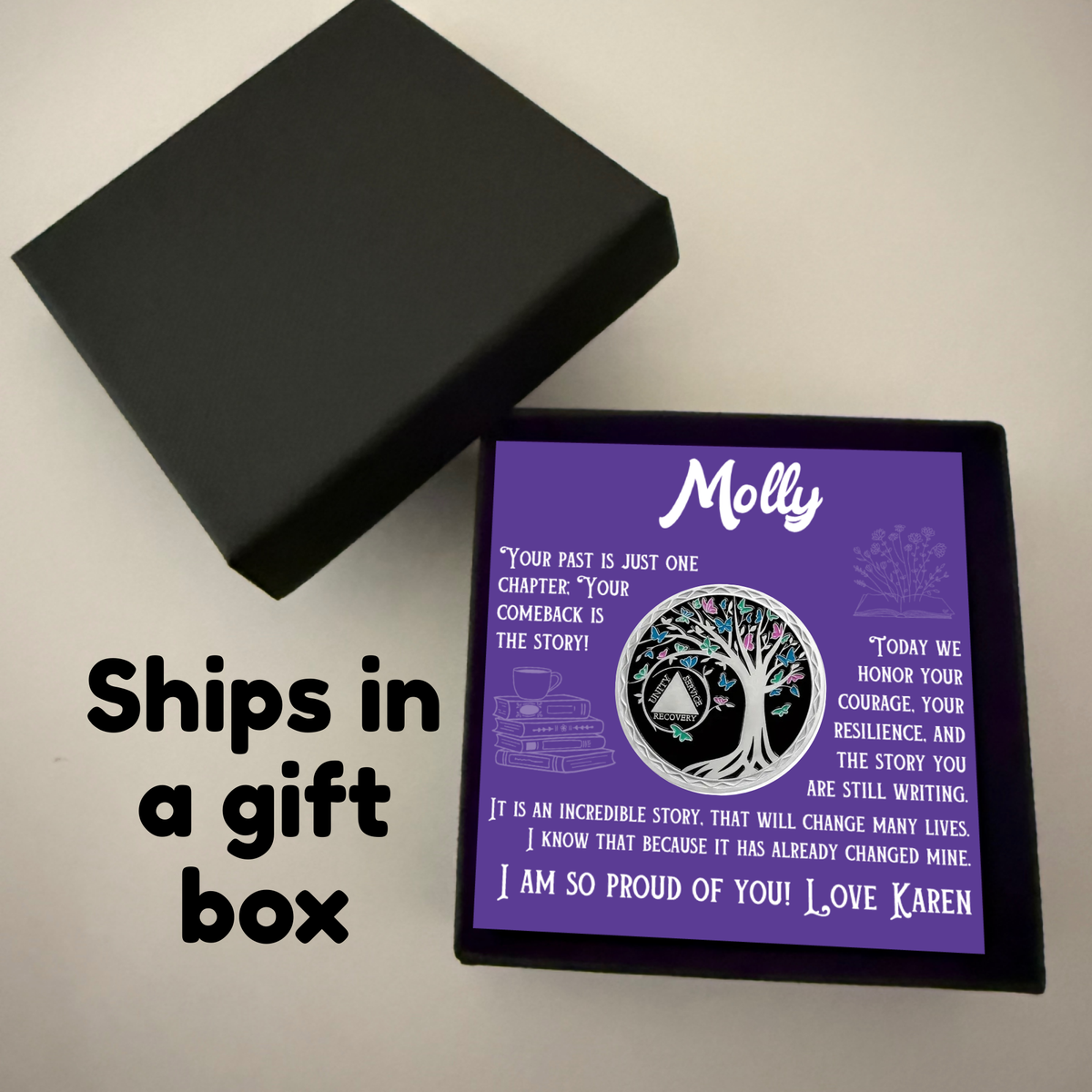 Sobriety coin and personalized card in purple gift box with black lid