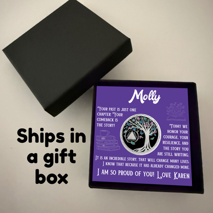 Sobriety coin and personalized card in purple gift box with black lid