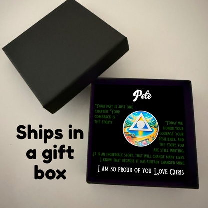 Gift box set with sobriety coin and personalized message card