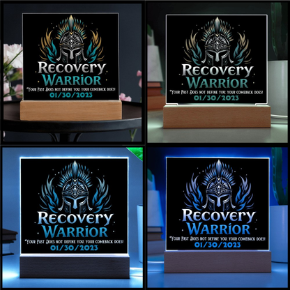 LED acrylic plaque with warrior emblem and wood base shown in different light colors