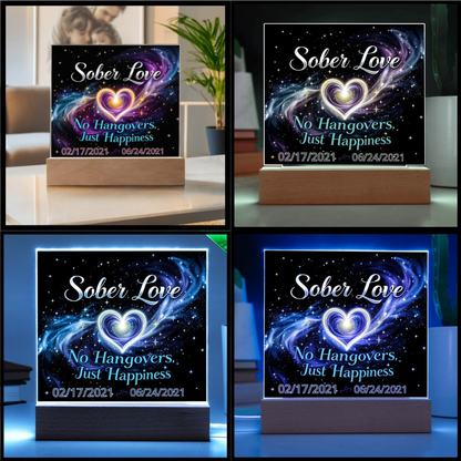 LED sobriety date sign shown in multiple colors on wood base