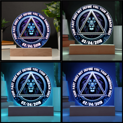 Personalized LED circle plaque shown in four angles with lion triangle and date 02/04/2018