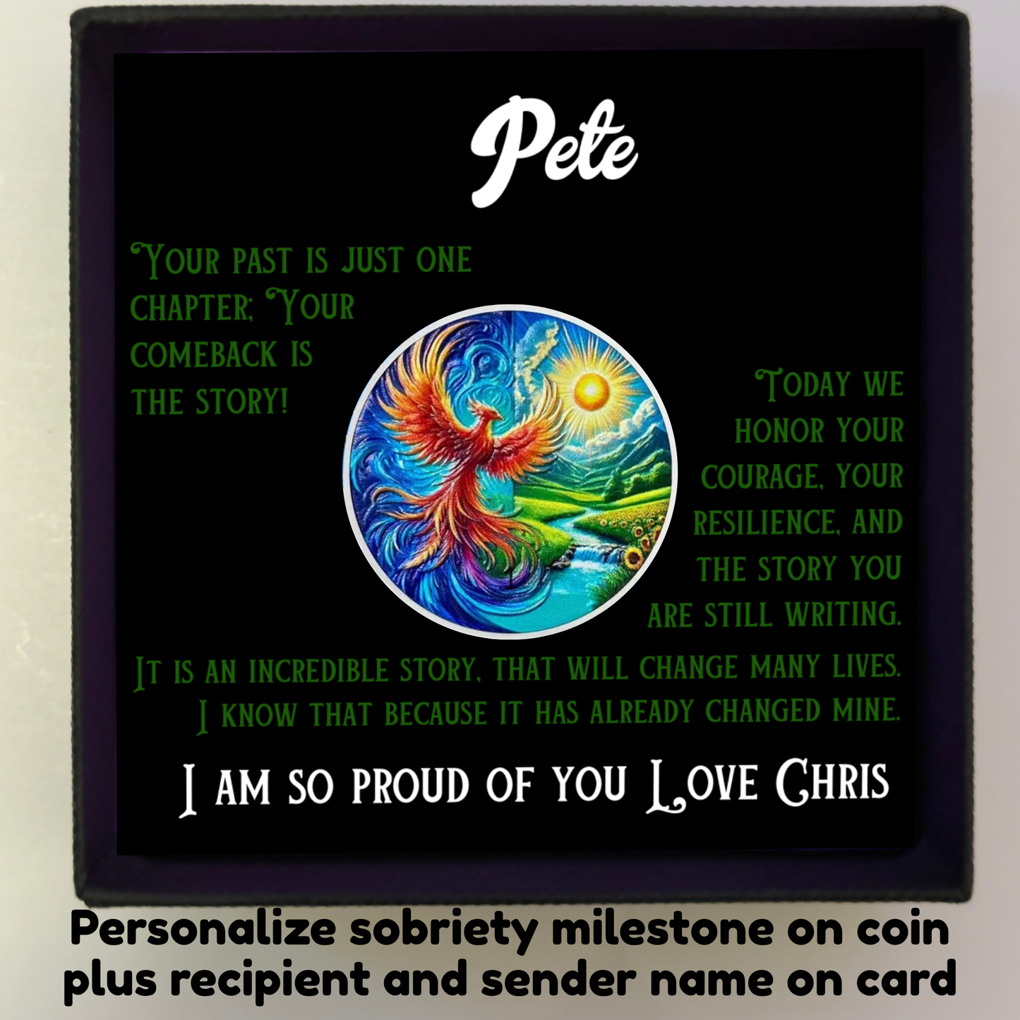 Personalized sobriety gift box with black card, phoenix artwork circle coin, and name Pete