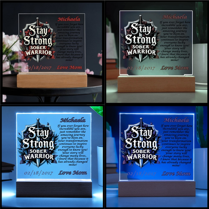 Personalized LED plaque on a wooden base with multi-color glowing border preview