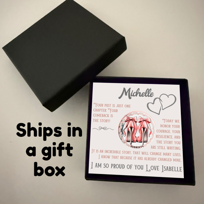 Sobriety coin keepsake in black gift box with personalization card