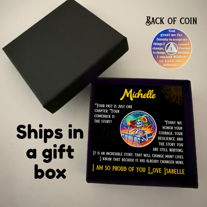 Black gift box with personalized coin card showing Michelle name and skeleton sunflower artwork