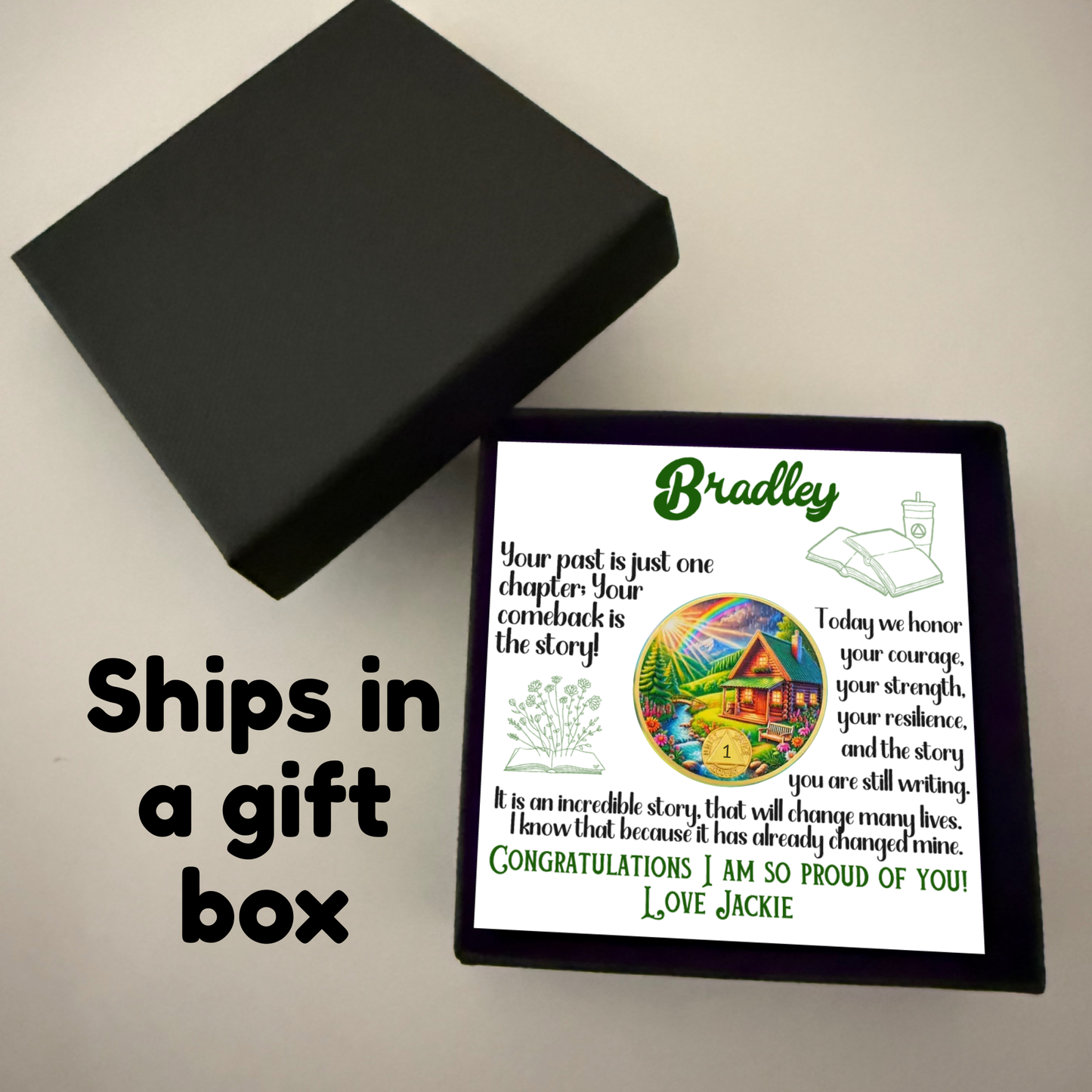 Bradley gift box with card and circular sobriety milestone coin with house scene