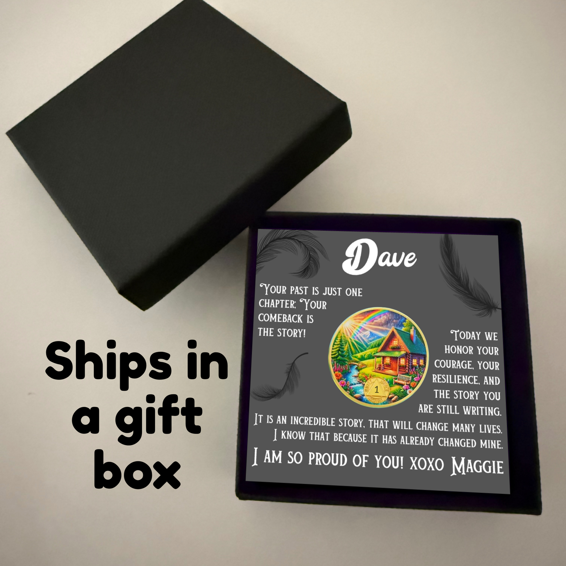 Sobriety coin and custom card set in a black gift box with lid open