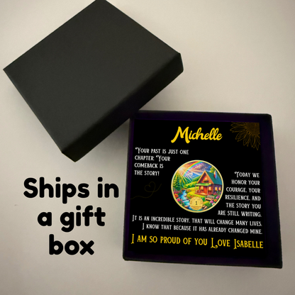 Personalized sobriety coin gift box with black lid, Michelle card, and circular coin artwork