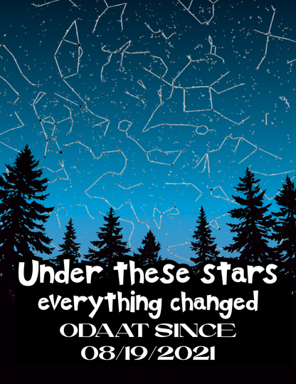Star map wall art with pine silhouettes, constellation lines, and white title text on bright blue