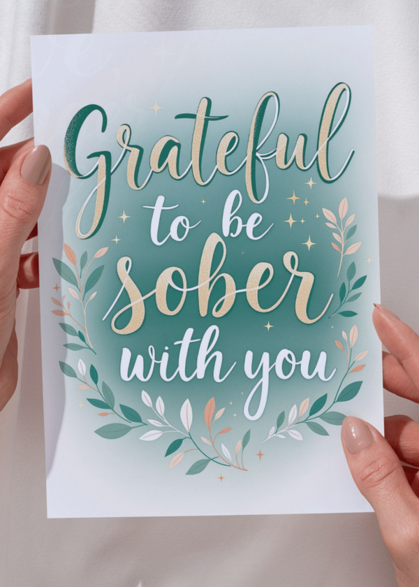 Held sobriety greeting card with light blue background, teal floral text "Grateful to be sober with you"
