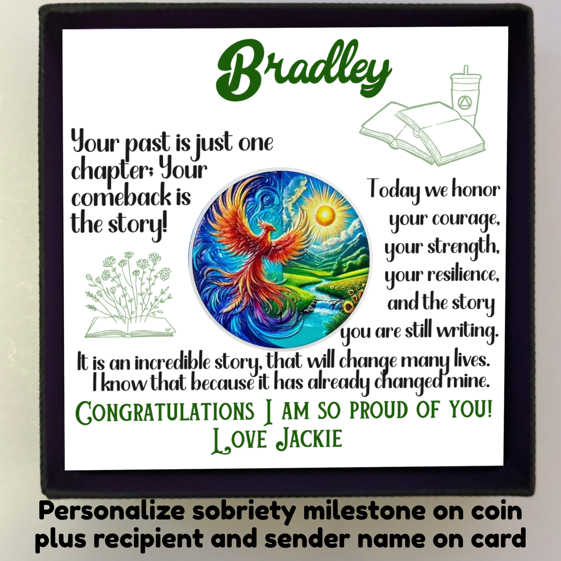 Framed custom sobriety milestone gift card with phoenix coin and names