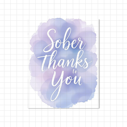 "Sober Thanks to You" script wall art print on a blue watercolor circle