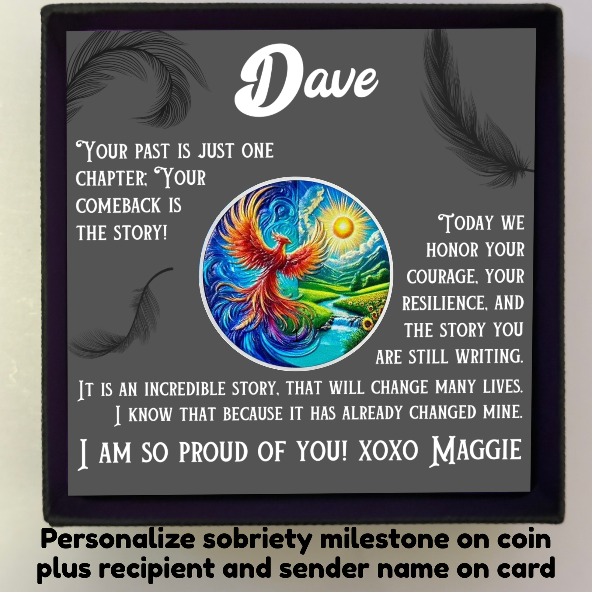 Personalized sobriety card in gift box with phoenix artwork, Dave and Maggie