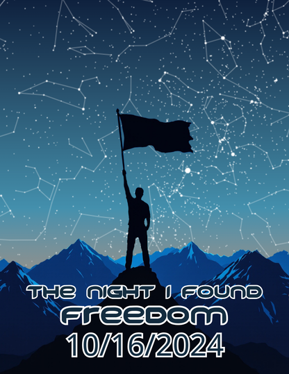 Star map poster with silhouetted flag bearer, blue star field and constellations, FREEDOM 10/16/2024