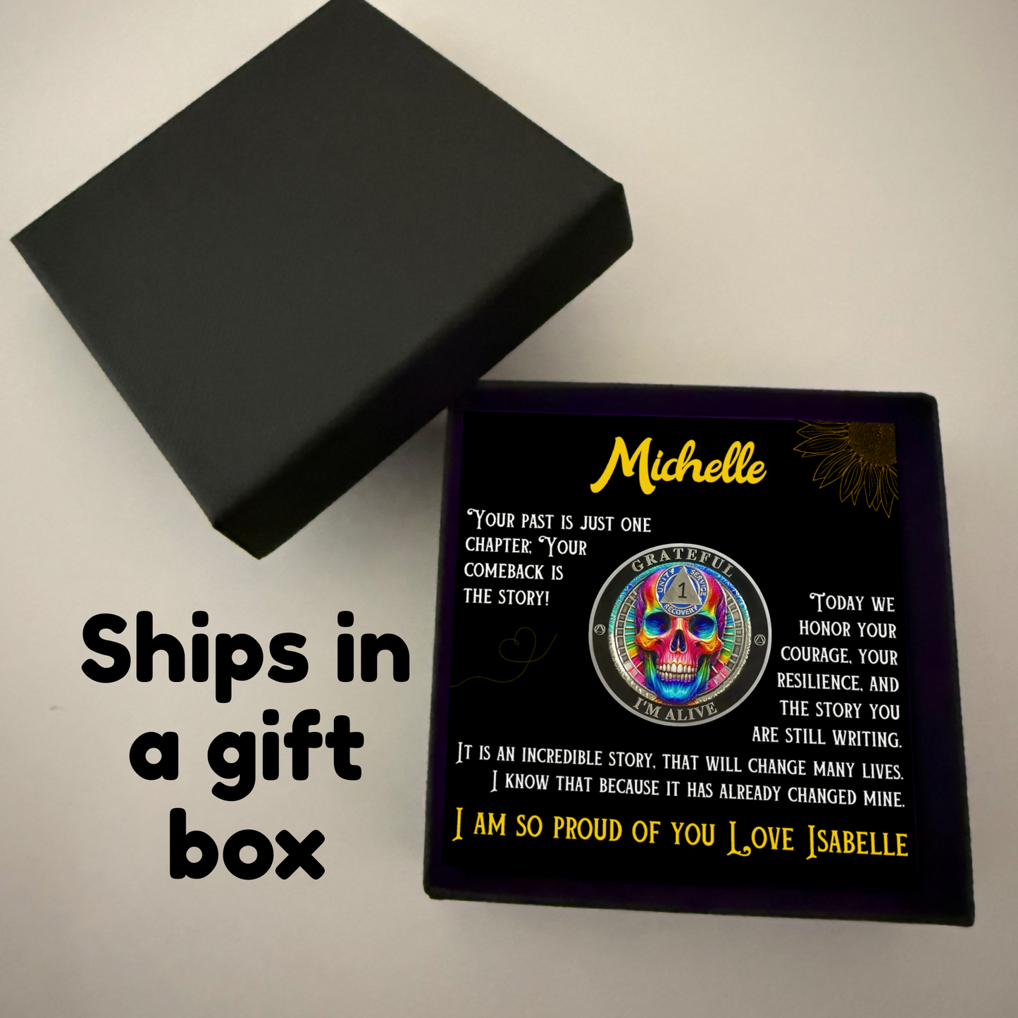 Rainbow Skull Sobriety Coin in Gift Box